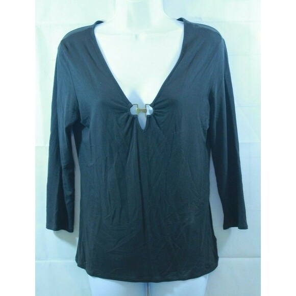 Michael Kors Blouse Black Top Long Sleeve Keyhole Neckline Womens Size M - Picture 2 of 6